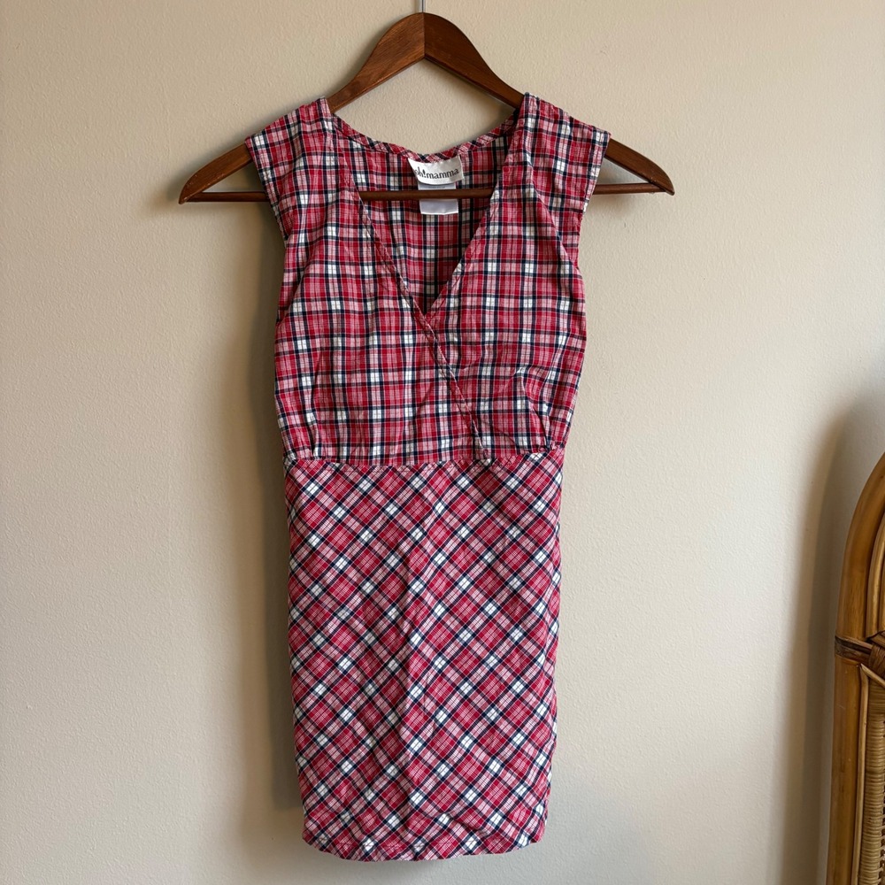 Vintage Y2K Boho Cottage Core Style Womens oh!mamma Plaid Tie Behind Bouse